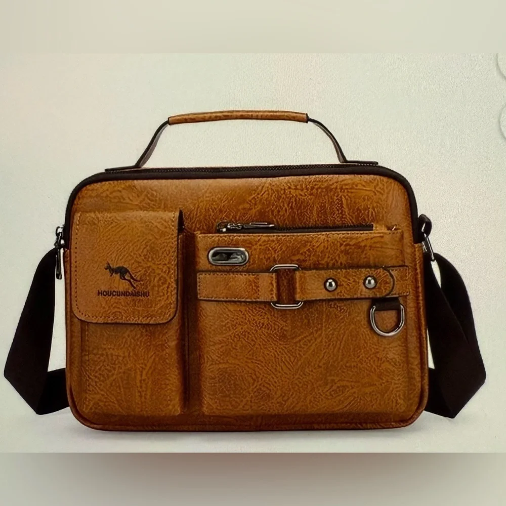 Houcundaishu Vegan Brown Leather Men’s Messenger Crossbody Bag Adjustable